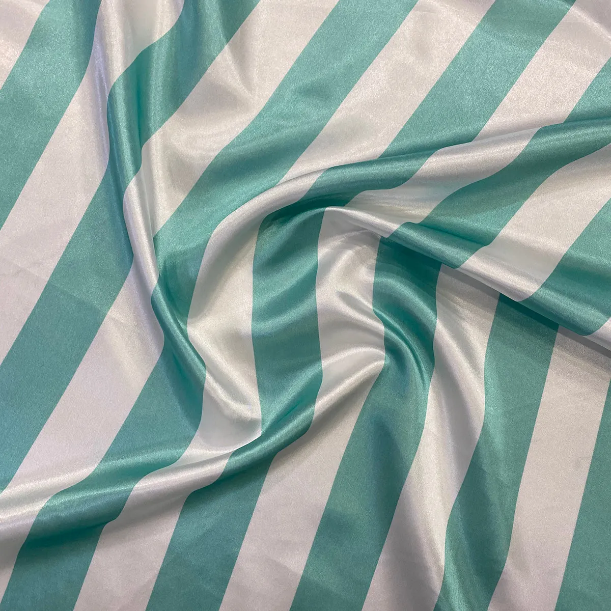 2" Satin Stripe Wholesale Fabric in White and Teal Green