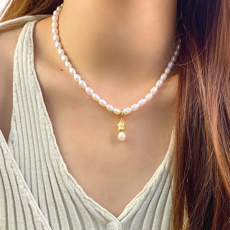 925 Sterling Silver Bell Real Pearl Necklace