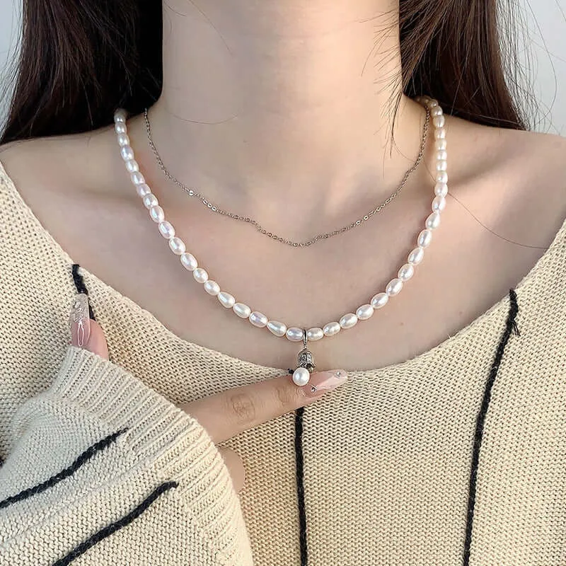 925 Sterling Silver Bell Real Pearl Necklace