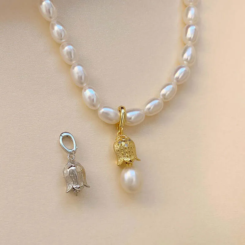 925 Sterling Silver Bell Real Pearl Necklace