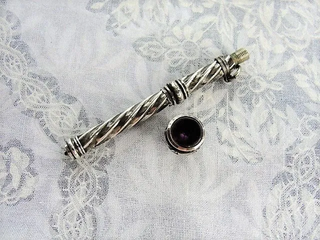 ANTIQUE Sterling Silver TELESCOPING Ornate Repousse Mechanical Lead Pencil AMETHYST Stone Top Chatelaine Dance Card Silver Victorian Pencil