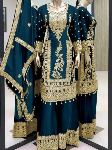 Attractive Teal Blue Color Pure Chinon Silk Heavy Embroidery Work Palazzo Suits For Women