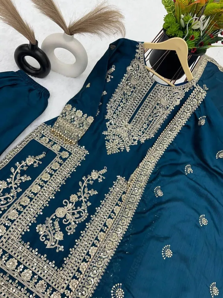 Attractive Teal Blue Color Pure Chinon Silk Heavy Embroidery Work Palazzo Suits For Women