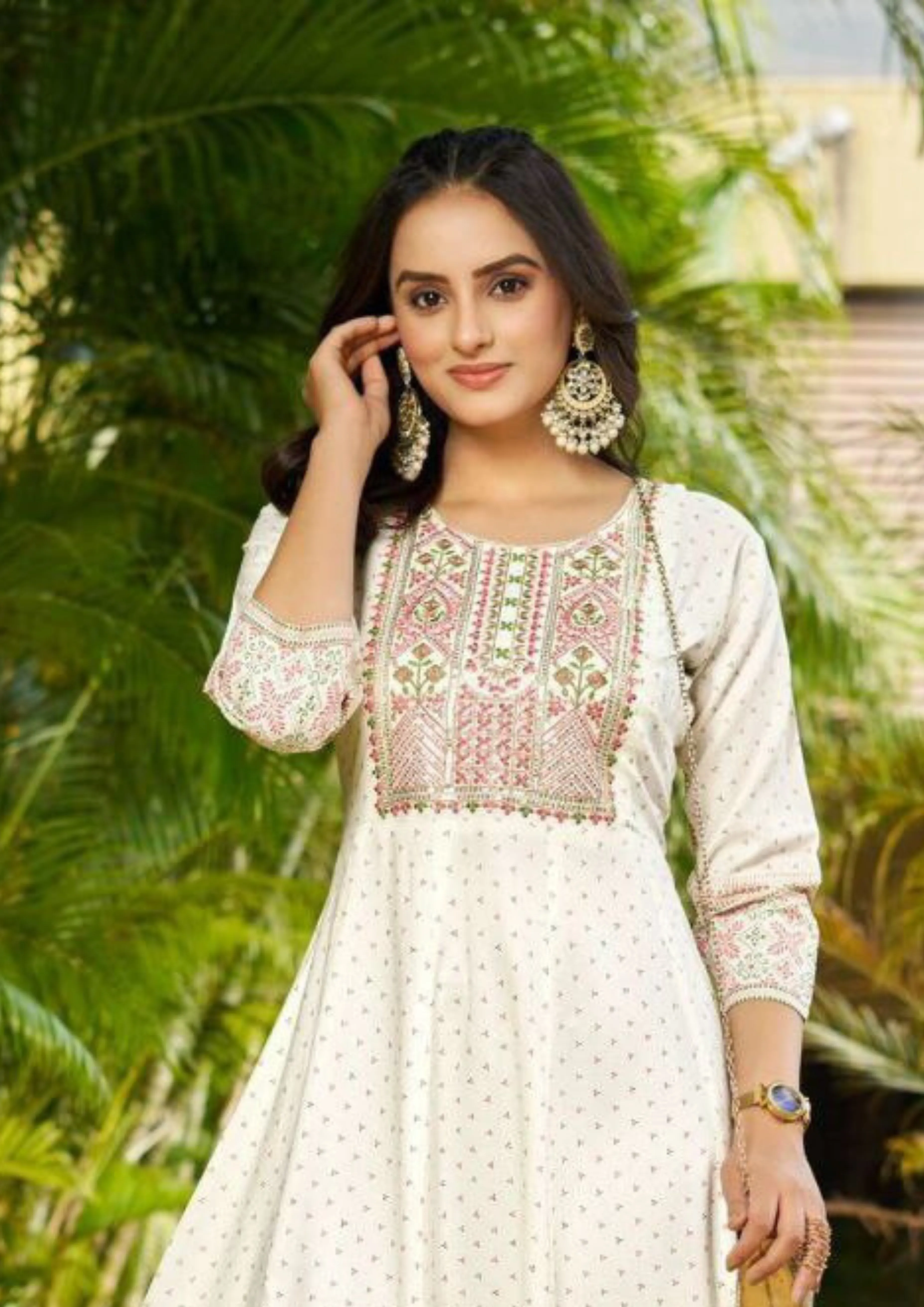 Attractive White Color Rayon Foil Print Anarkali Gown With  Embroidery Work