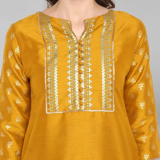 Attractive Women's Mustard Poly Silk Floral Print Kurti with Palazzo