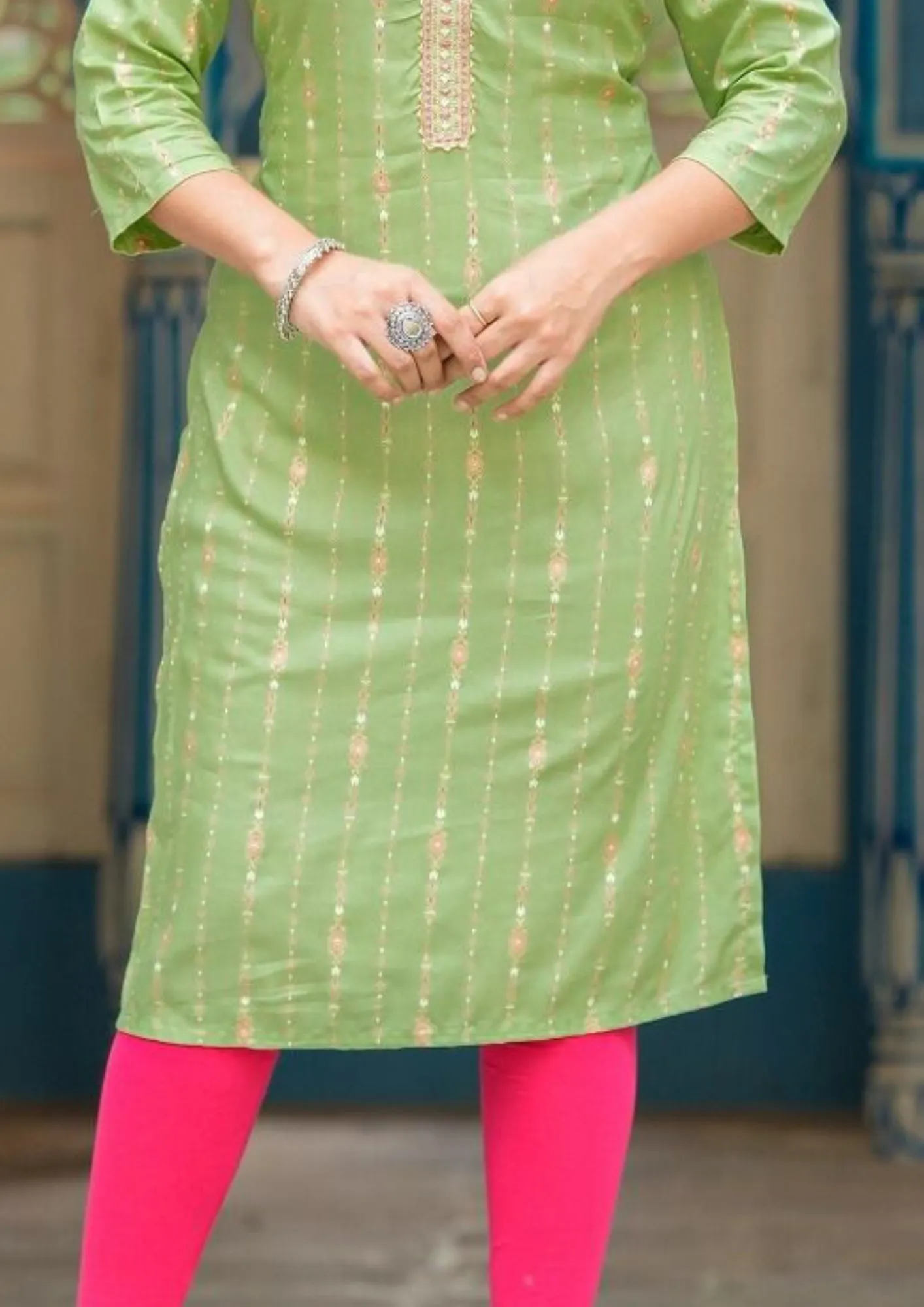 Beautiful Pista Green Color Rayon Kurti With Fancy Embroidery Work For Women