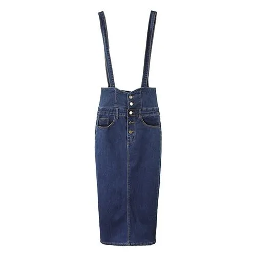 Button Tea Length Pencil Denim Skirts With Straps