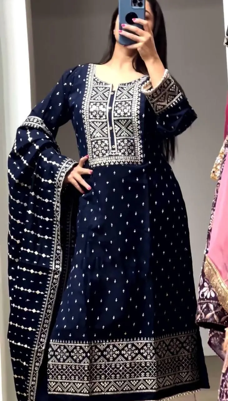 Charming Blue Color Pure Chinon Embroidery And Sequence Work Palazzo Suits For Women