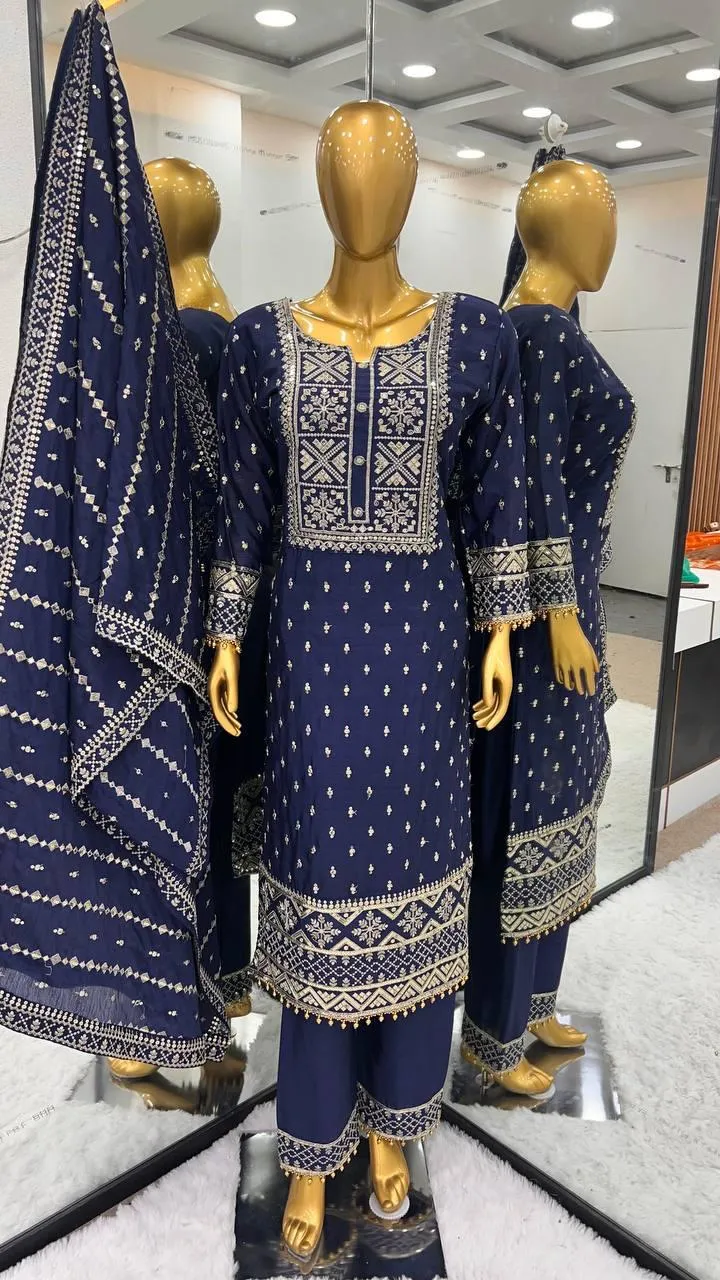 Charming Blue Color Pure Chinon Embroidery And Sequence Work Palazzo Suits For Women