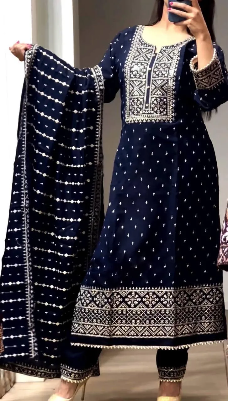 Charming Blue Color Pure Chinon Embroidery And Sequence Work Palazzo Suits For Women