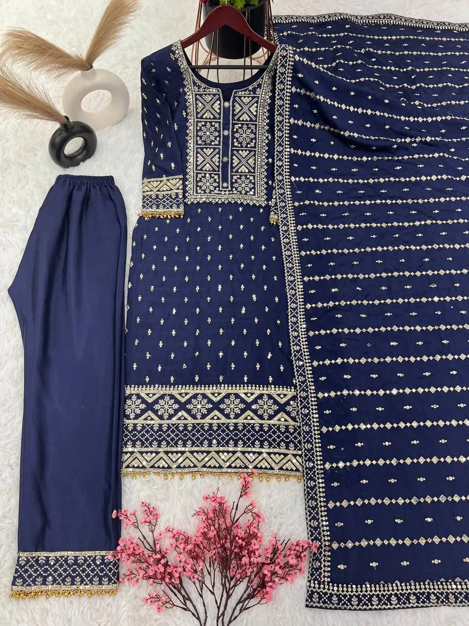 Charming Blue Color Pure Chinon Embroidery And Sequence Work Palazzo Suits For Women