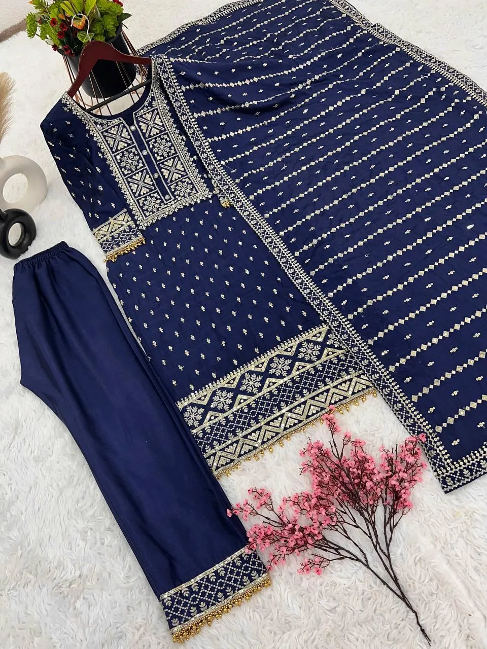 Charming Blue Color Pure Chinon Embroidery And Sequence Work Palazzo Suits For Women