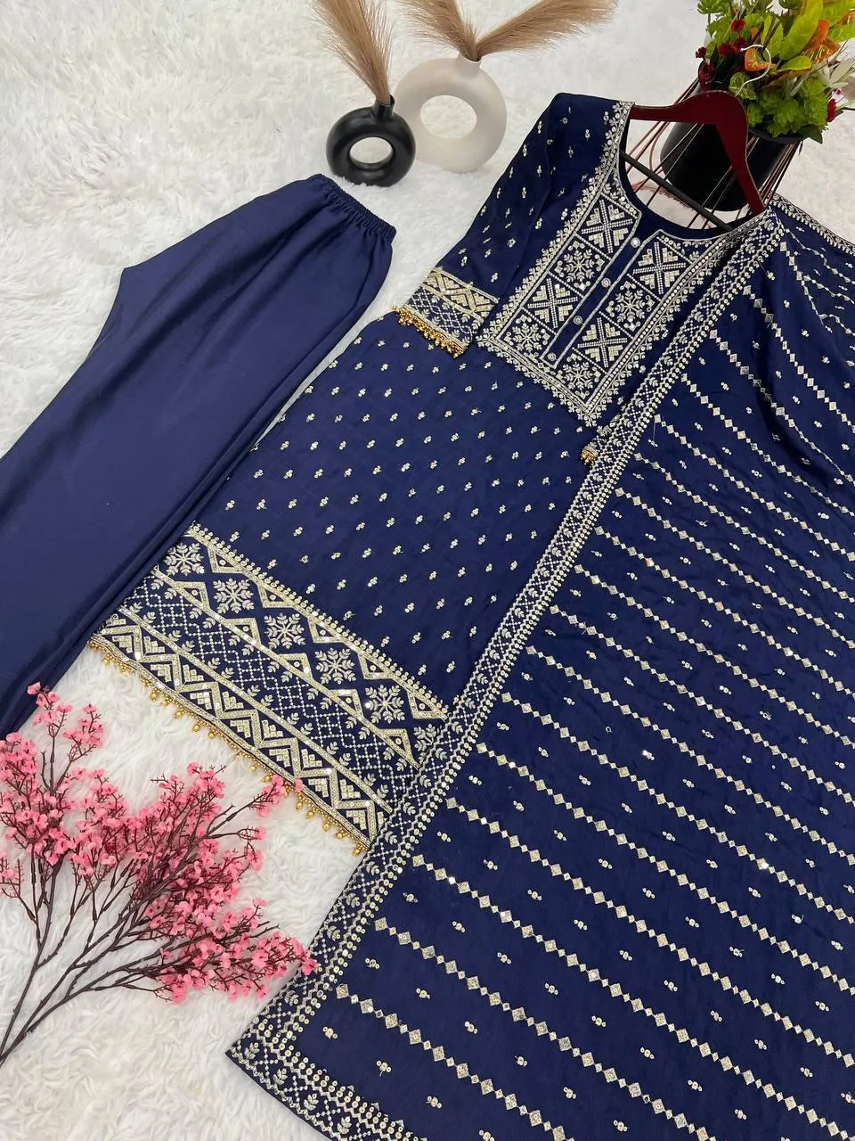 Charming Blue Color Pure Chinon Embroidery And Sequence Work Palazzo Suits For Women