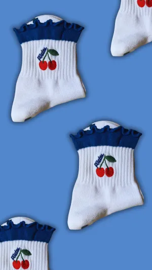 Dark blue ruffle "Pilates" cherry grip sock with blue heart grips