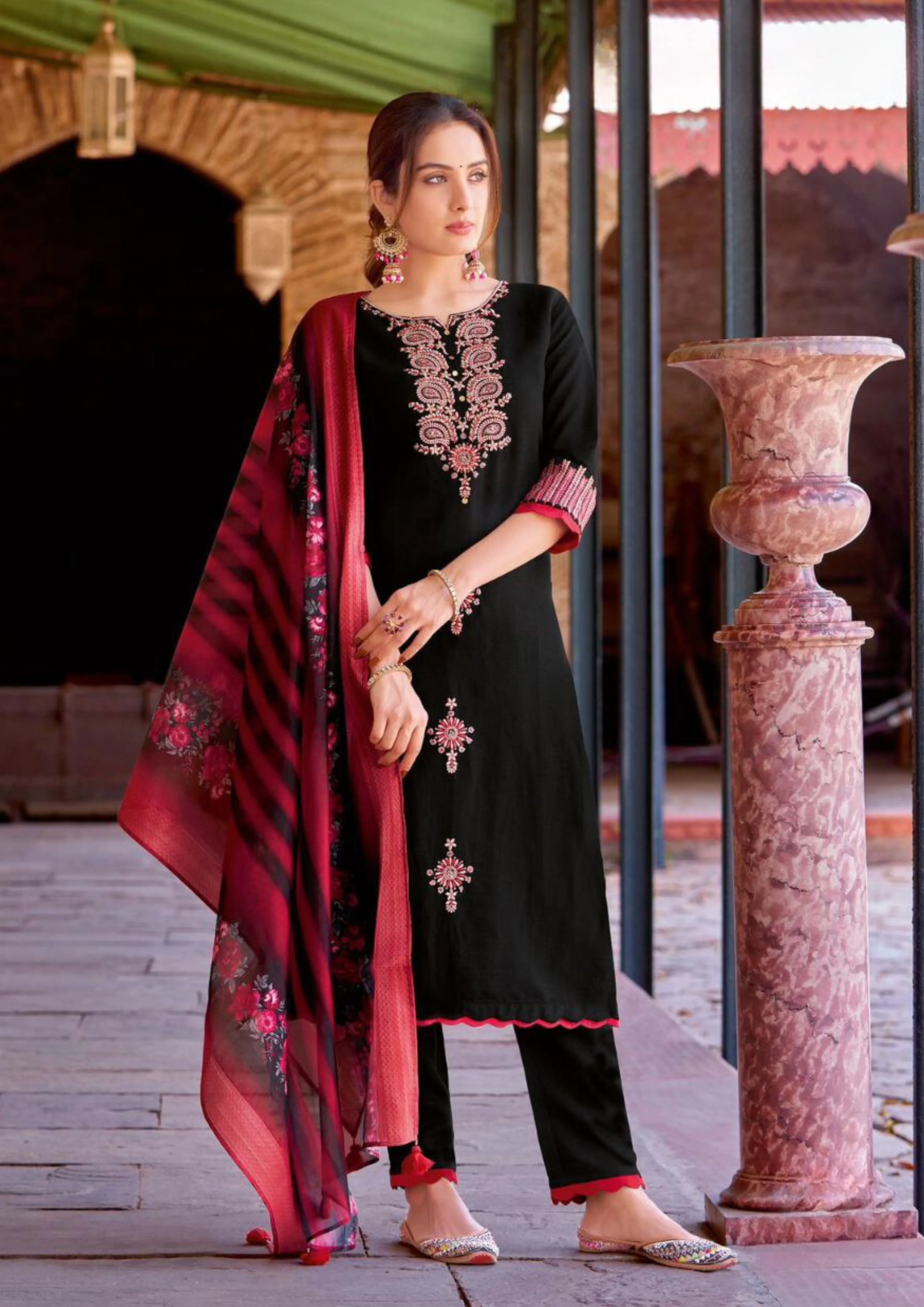 Elegant Black Colored Thread And Handwork Salwar Suits With Dupatta Set