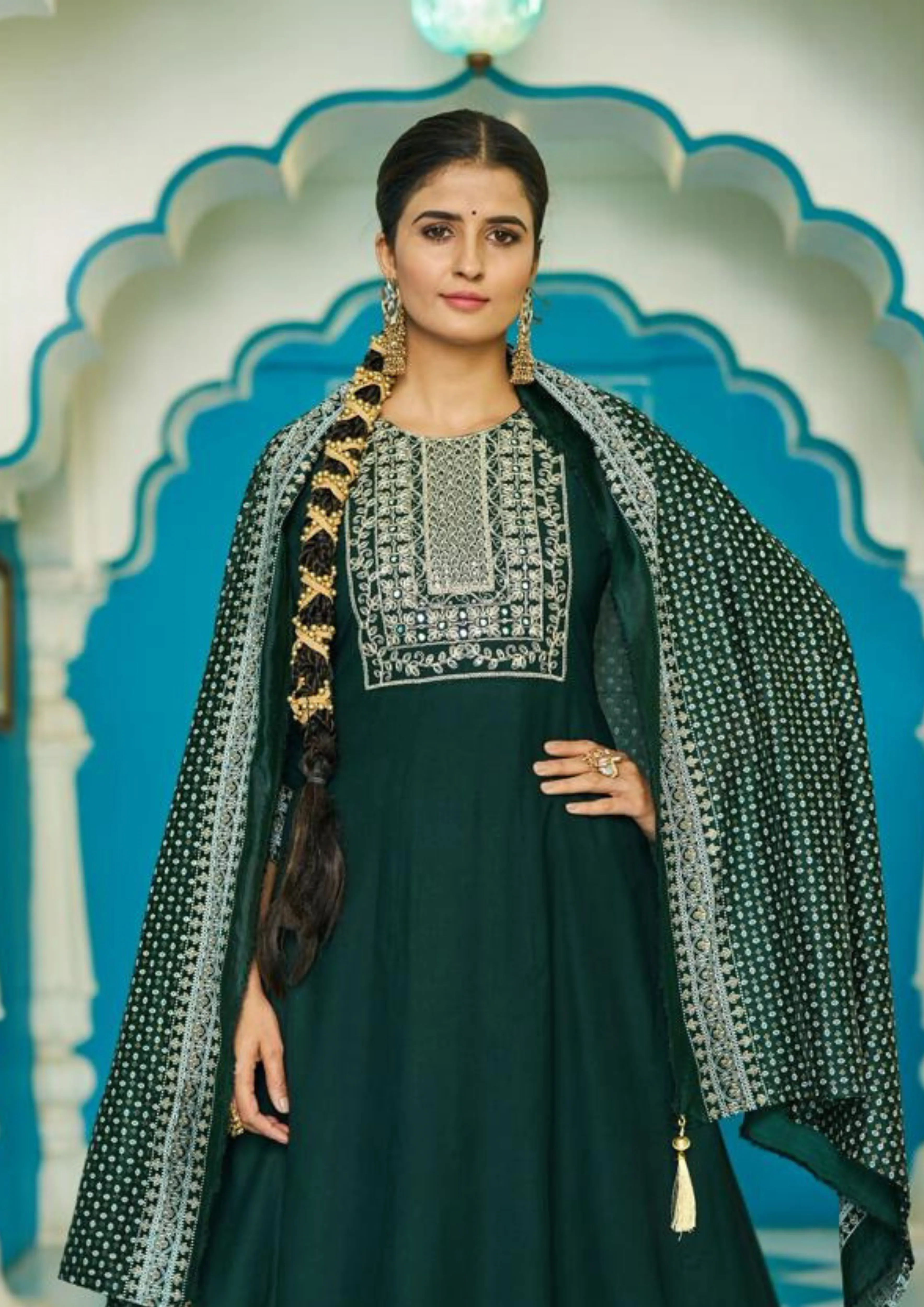 Elegant Green Color Rayon Foil Print And Embroidery work Salwar Suits For Women