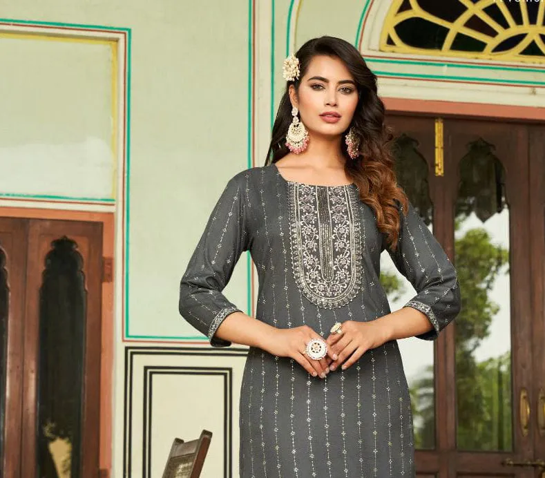 Elegant Grey Color Designer Rayon Foil Print Kurti With Fancy Embroidery Work