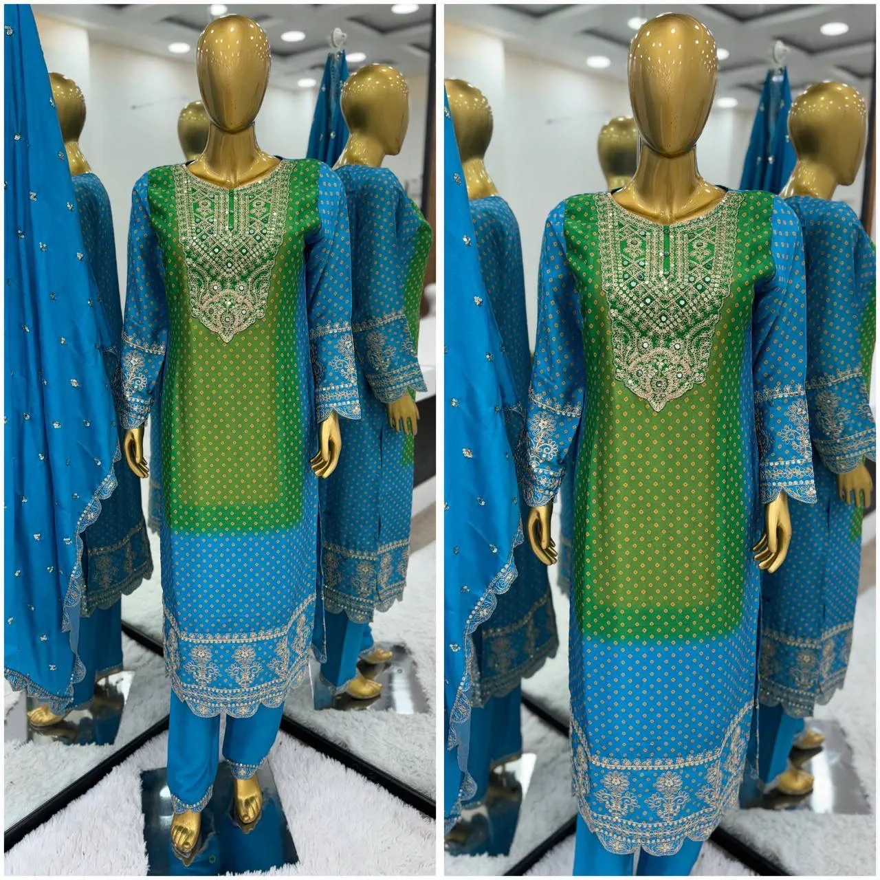 Elegant Sky Blue Colored Pure Chinon Heavy Embroidery And Sequins Work Palazzo Suits For Women