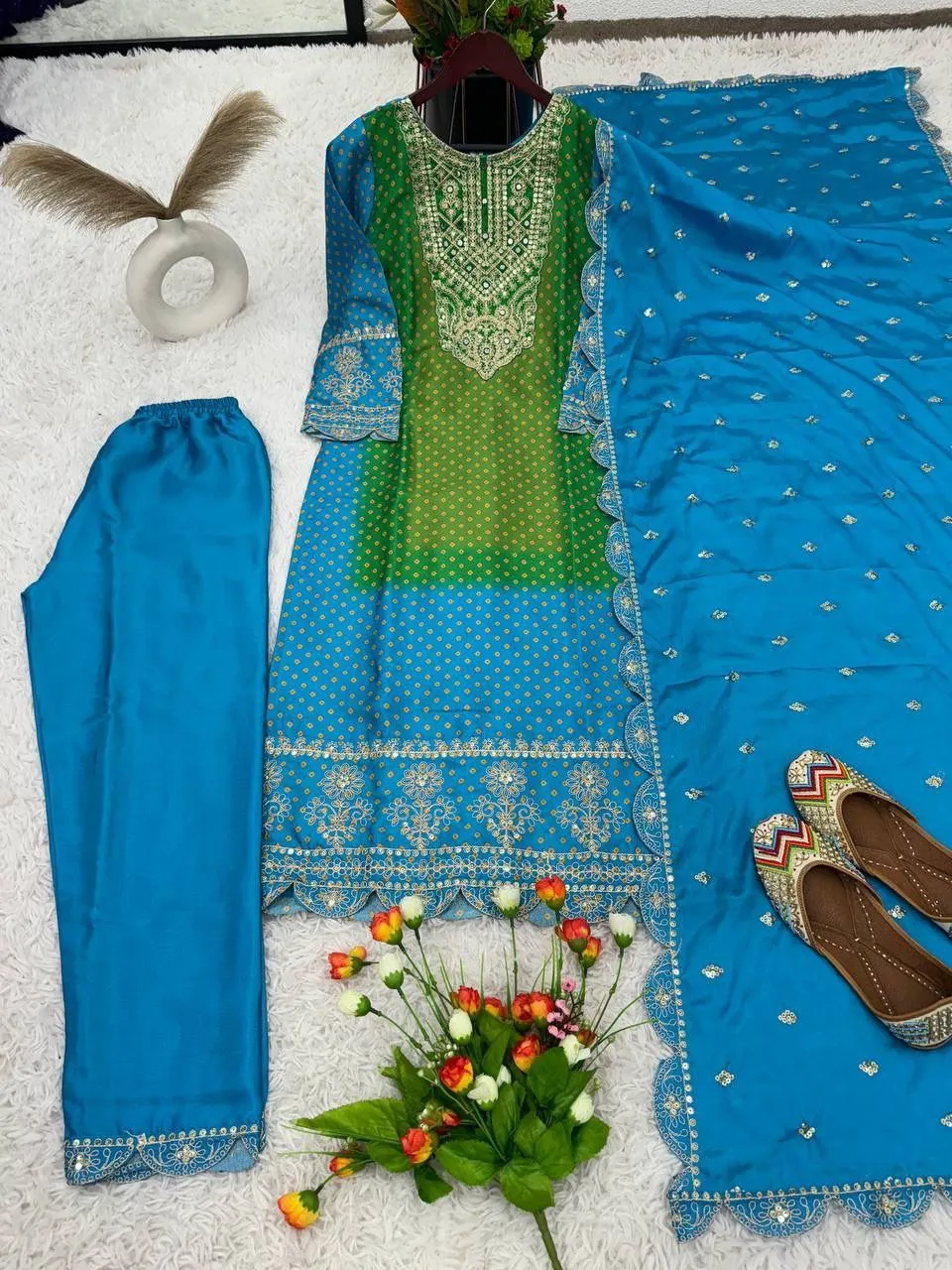 Elegant Sky Blue Colored Pure Chinon Heavy Embroidery And Sequins Work Palazzo Suits For Women