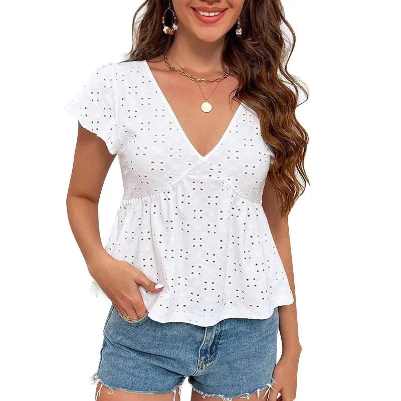 Fashion French Cutout Summer V-neck Flying Sleeve Solid Color Casual T-shirt