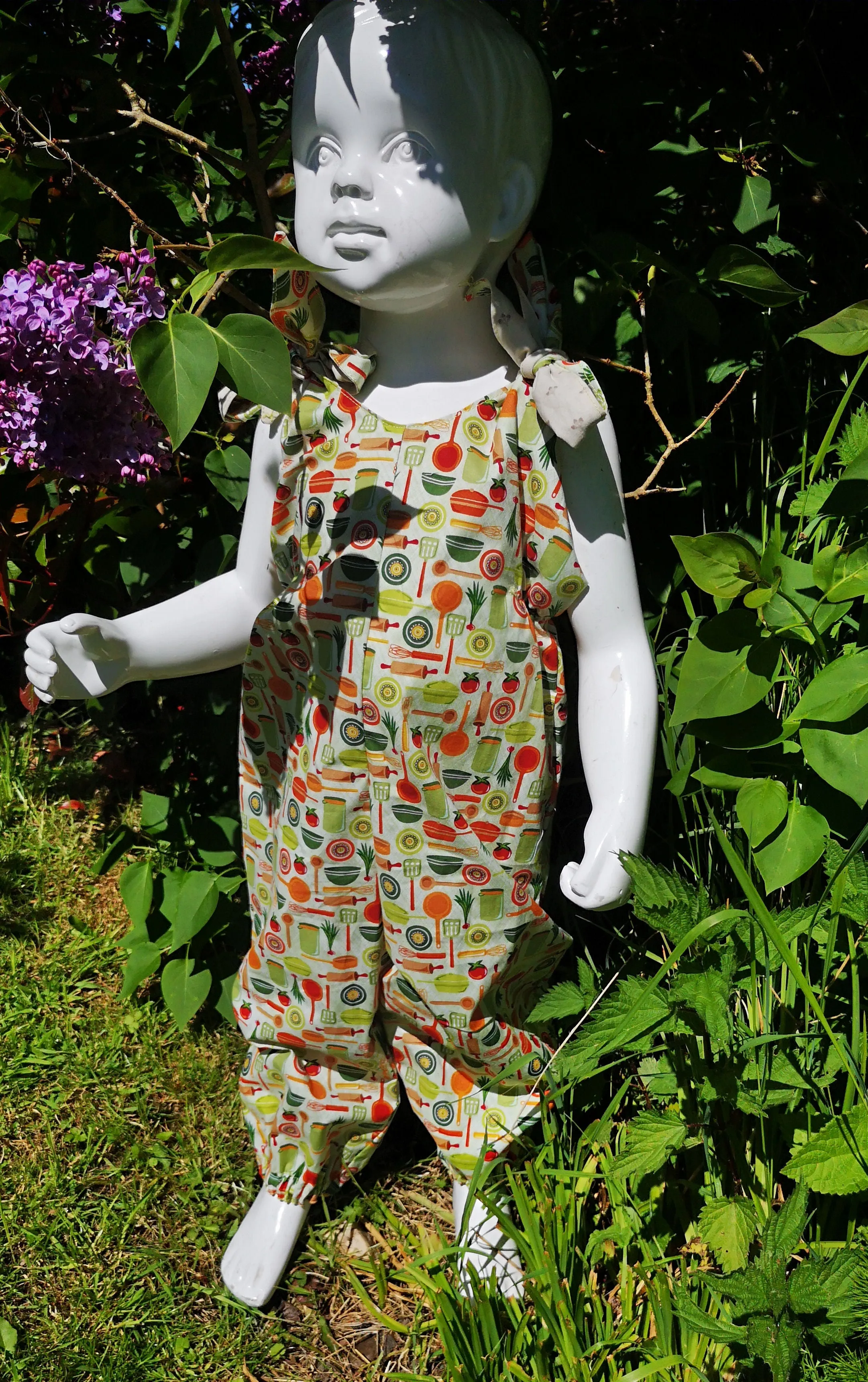 Festival, hippy feeling child's play suit, jump suit, dungarees, "Kitchen Garden"