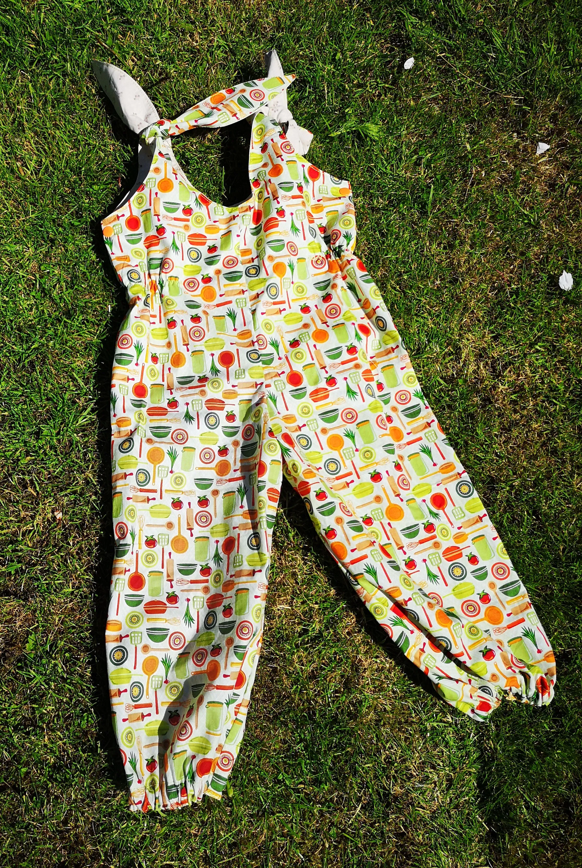 Festival, hippy feeling child's play suit, jump suit, dungarees, "Kitchen Garden"