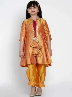 Girls Maroon & Mustard Yellow Solid Kurti With Trousers & Jacket