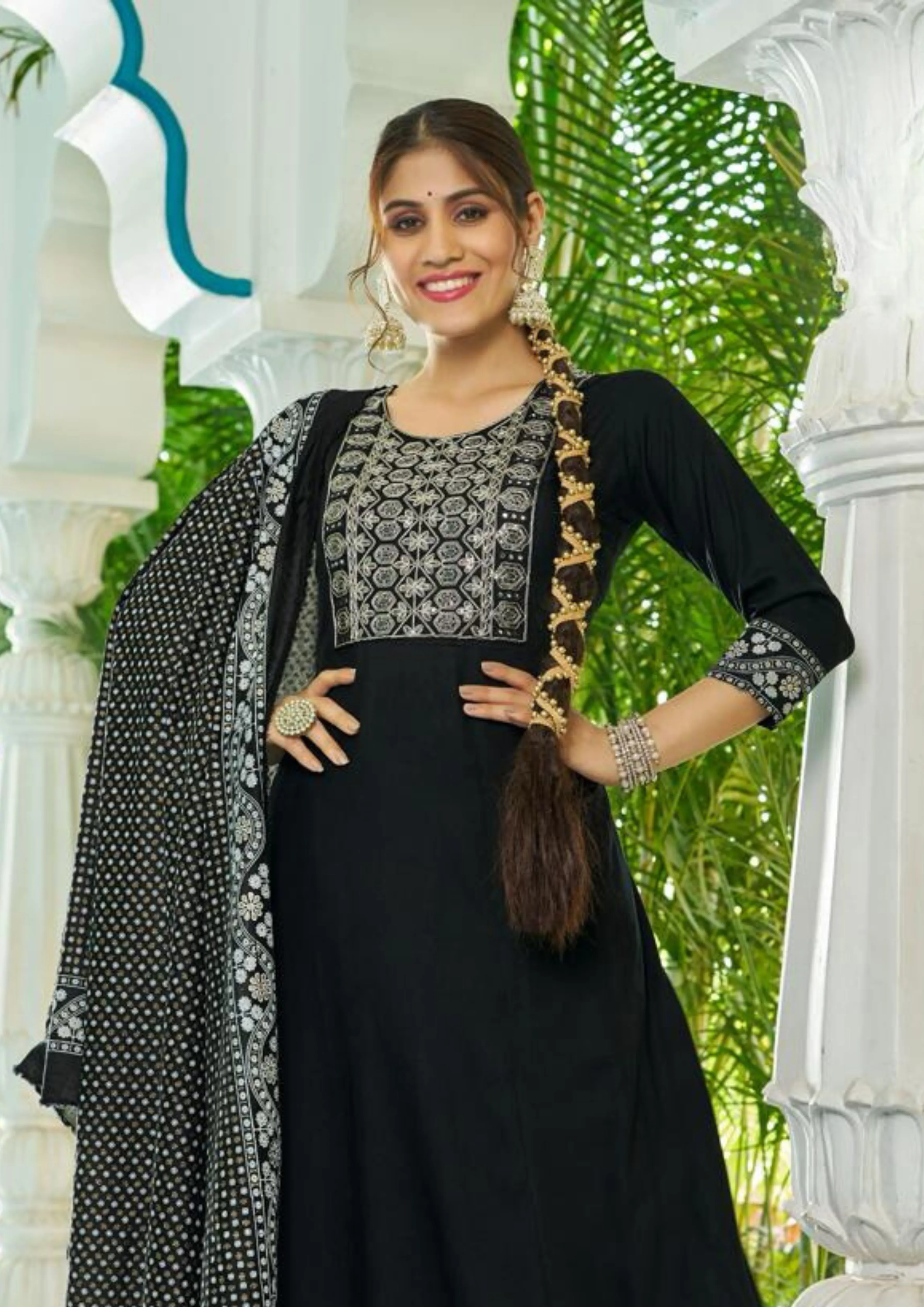 Gorgeous Black Color Rayon Foil Print And Embroidery work Salwar Suits For Women