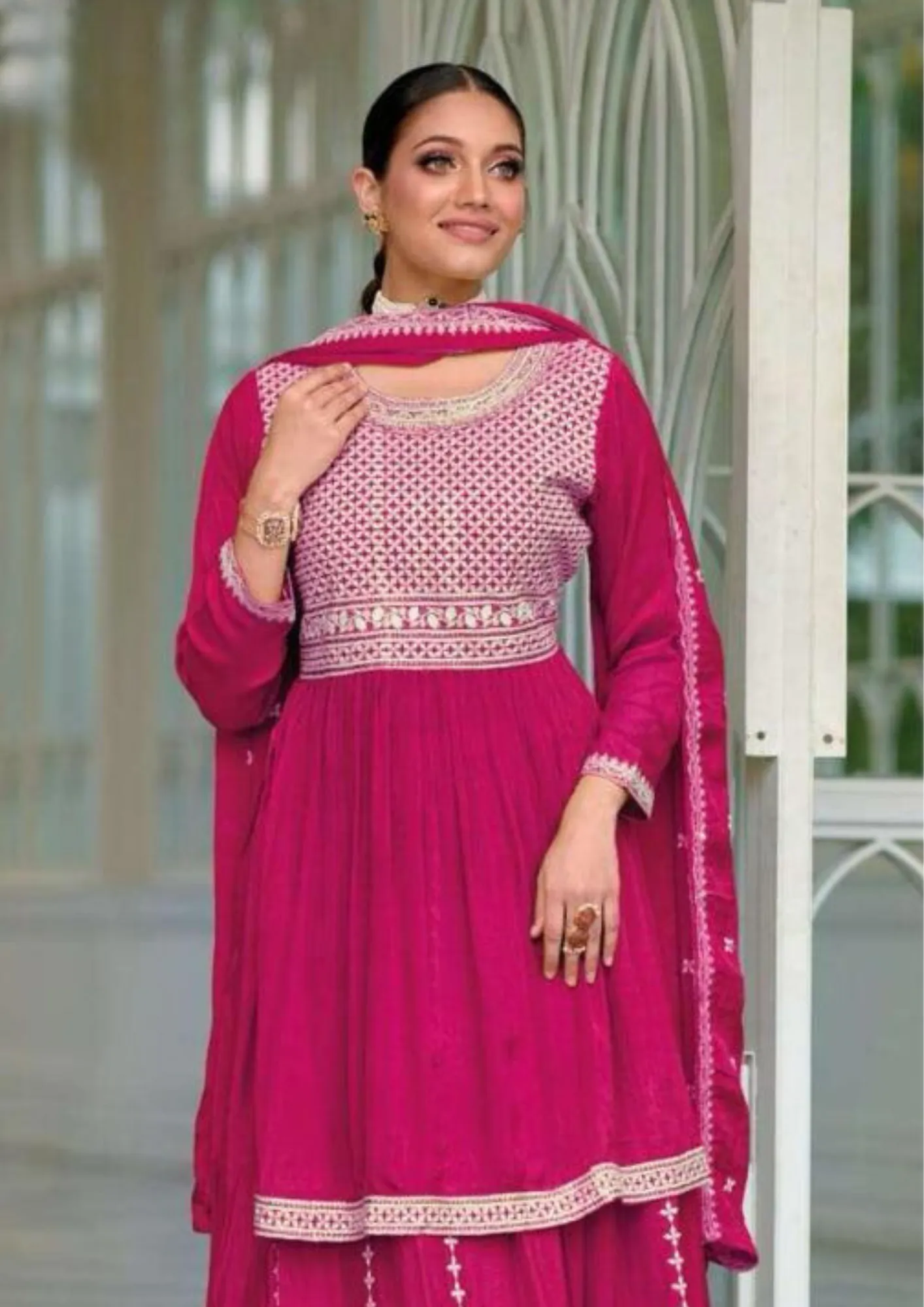 Gorgeous Pink Color Premium Silk Embroidery Designer Kurti