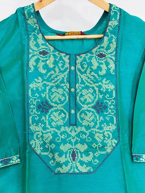 Gorgeous Teal Blue Color Rayon Kurti With Embroidery Work For Women