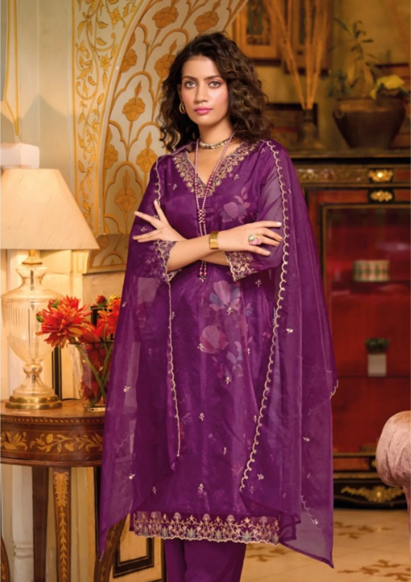 Gorgeous Violet Color Embriodery & Handwork on Organza kurti With Pant