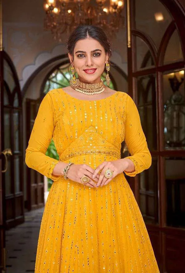 Gorgeous Yellow Colored Georgette & Chinon Long Kurtis And Suits For Women