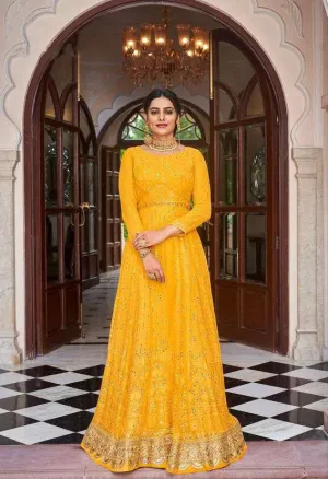 Gorgeous Yellow Colored Georgette & Chinon Long Kurtis And Suits For Women