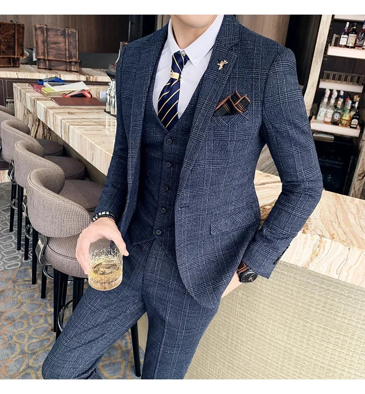 High Quality British Korean Modified Plaid Men (suit   Vest   Trousers) Stylish and Handsome Business Casual Three-piece Suit