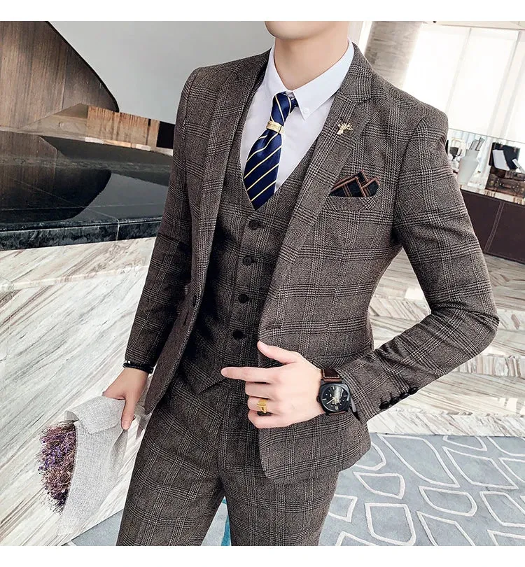 High Quality British Korean Modified Plaid Men (suit   Vest   Trousers) Stylish and Handsome Business Casual Three-piece Suit