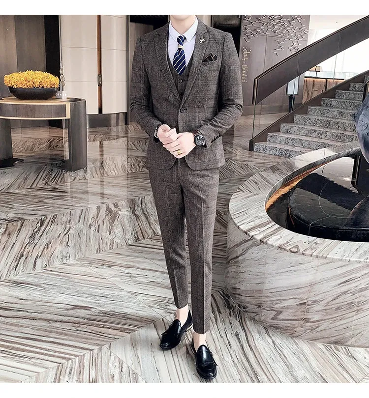 High Quality British Korean Modified Plaid Men (suit   Vest   Trousers) Stylish and Handsome Business Casual Three-piece Suit