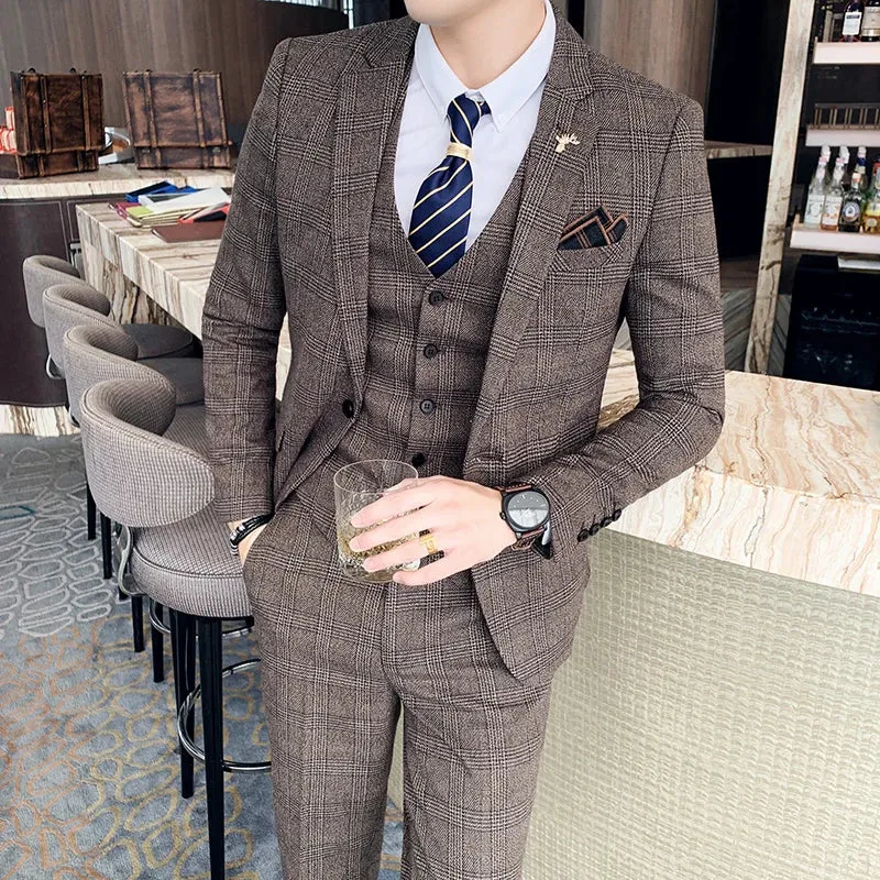 High Quality British Korean Modified Plaid Men (suit   Vest   Trousers) Stylish and Handsome Business Casual Three-piece Suit