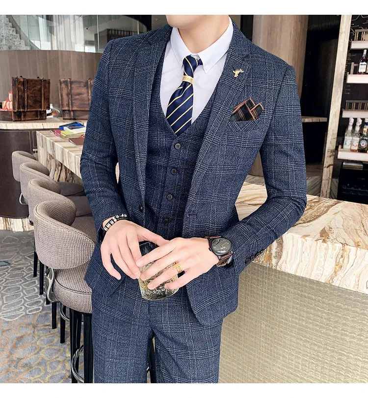 High Quality British Korean Modified Plaid Men (suit   Vest   Trousers) Stylish and Handsome Business Casual Three-piece Suit