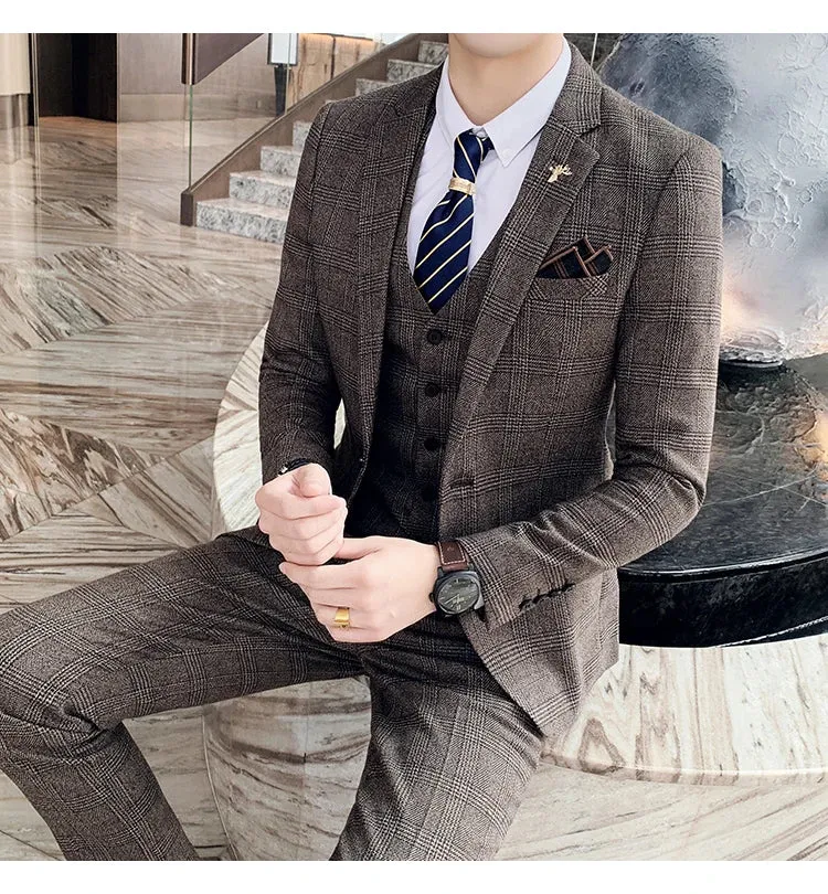 High Quality British Korean Modified Plaid Men (suit   Vest   Trousers) Stylish and Handsome Business Casual Three-piece Suit