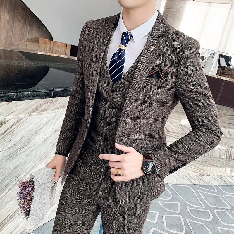 High Quality British Korean Modified Plaid Men (suit   Vest   Trousers) Stylish and Handsome Business Casual Three-piece Suit