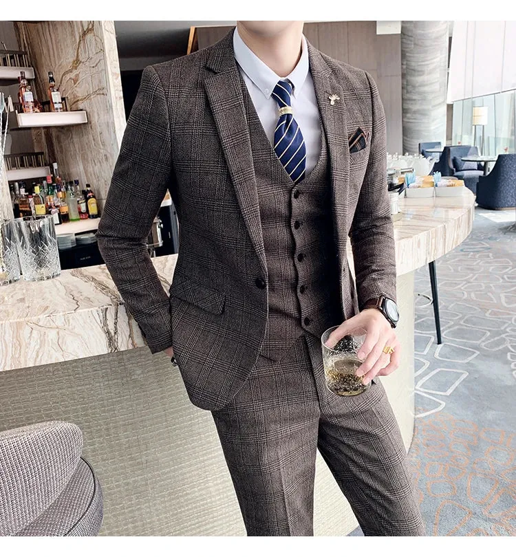 High Quality British Korean Modified Plaid Men (suit   Vest   Trousers) Stylish and Handsome Business Casual Three-piece Suit