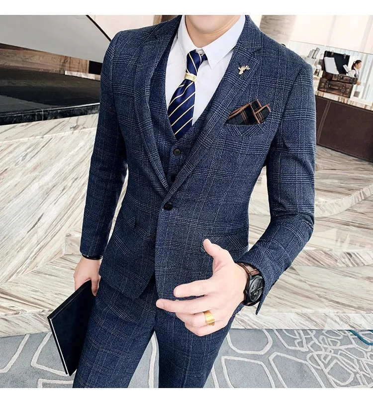 High Quality British Korean Modified Plaid Men (suit   Vest   Trousers) Stylish and Handsome Business Casual Three-piece Suit