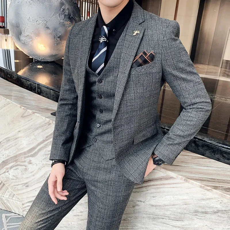 High Quality British Korean Modified Plaid Men (suit   Vest   Trousers) Stylish and Handsome Business Casual Three-piece Suit