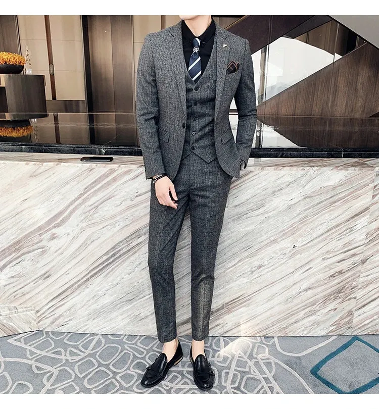 High Quality British Korean Modified Plaid Men (suit   Vest   Trousers) Stylish and Handsome Business Casual Three-piece Suit