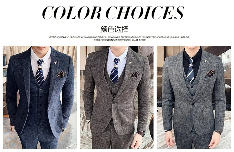 High Quality British Korean Modified Plaid Men (suit   Vest   Trousers) Stylish and Handsome Business Casual Three-piece Suit