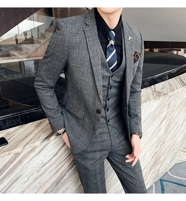 High Quality British Korean Modified Plaid Men (suit   Vest   Trousers) Stylish and Handsome Business Casual Three-piece Suit