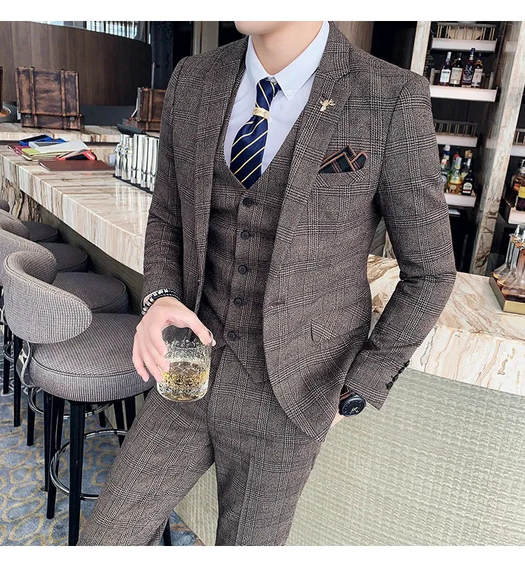 High Quality British Korean Modified Plaid Men (suit   Vest   Trousers) Stylish and Handsome Business Casual Three-piece Suit