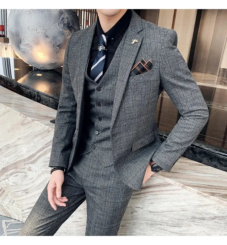 High Quality British Korean Modified Plaid Men (suit   Vest   Trousers) Stylish and Handsome Business Casual Three-piece Suit