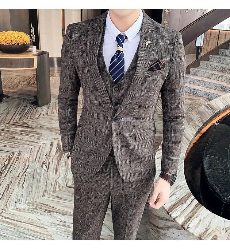 High Quality British Korean Modified Plaid Men (suit   Vest   Trousers) Stylish and Handsome Business Casual Three-piece Suit