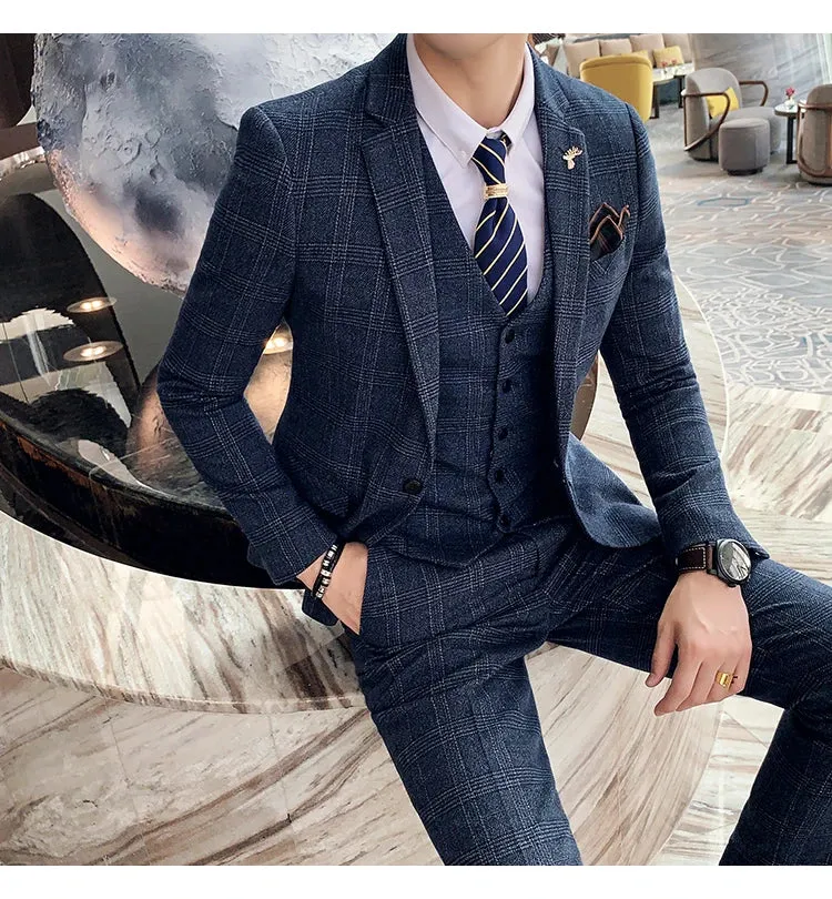 High Quality British Korean Modified Plaid Men (suit   Vest   Trousers) Stylish and Handsome Business Casual Three-piece Suit